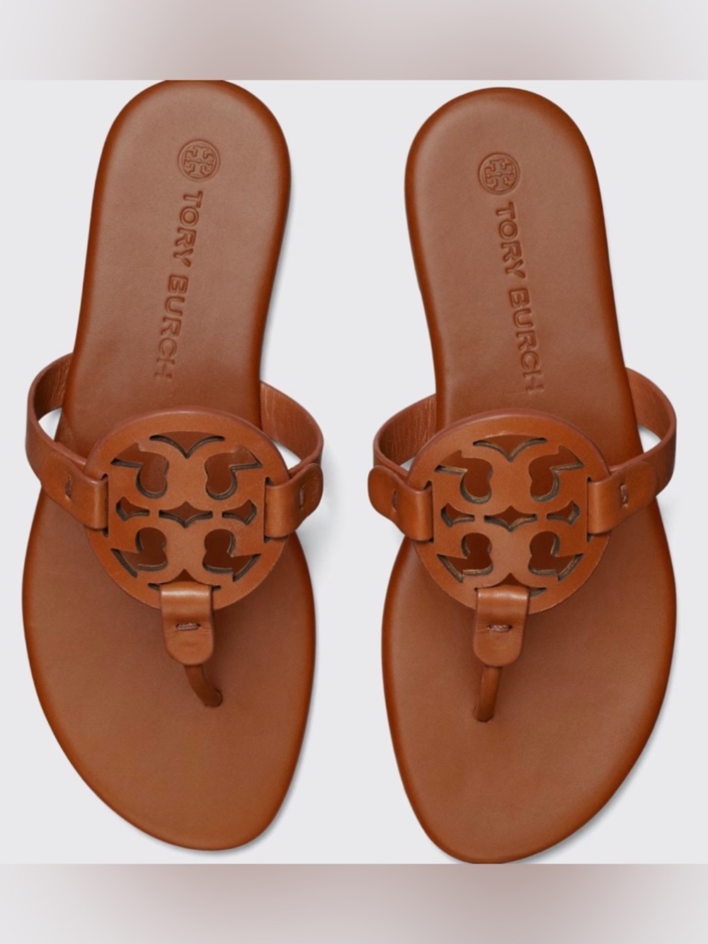 Tory Burch Cognac Leather Logo Thong Sandals